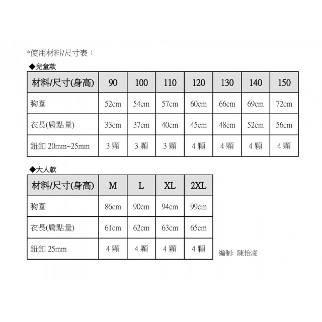 斜袖雙面外套紙型 親子款 (小孩90-150cm，大人:M、L、XL、2XL)