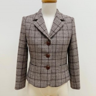 女裝甲級-全裡西裝領對格立式口袋外套(咖啡格紋樣衣)