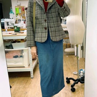 女裝甲級-全裡西裝領對格立式口袋外套(咖啡格紋樣衣)