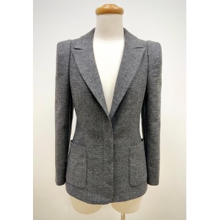 女裝甲級-全裡翻領箱型袖隱藏式門襟外套(灰黑人字紋樣衣)