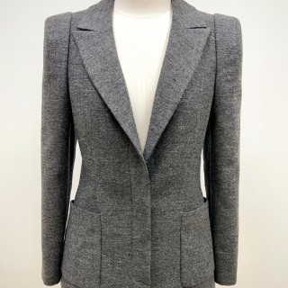 女裝甲級-全裡翻領箱型袖隱藏式門襟外套(灰黑人字紋樣衣)