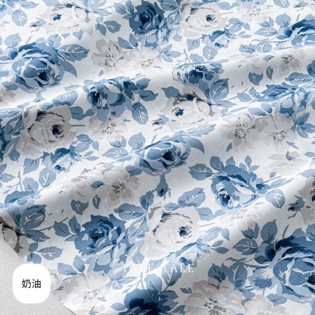 美國品牌棉布 寧靜之藍-奶油色-現貨布